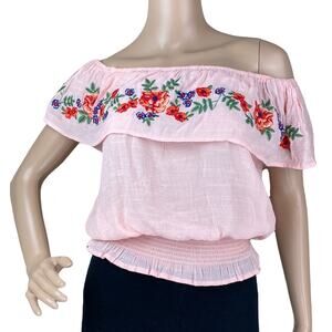 Lydelle Women's Pink Floral Embroidered Off The Shoulder Ruffle Shirred Top M